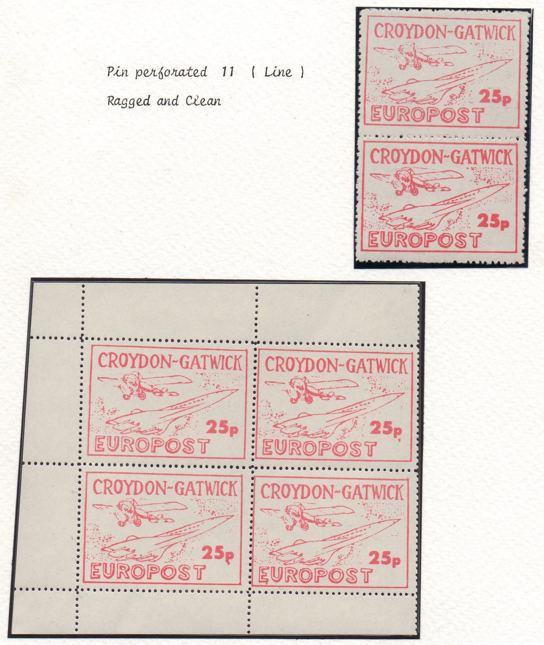 1971 Croydon Gatwick Strike Post 25p Concorde Bleriot XI stamp block/4 and pair with rough perfs